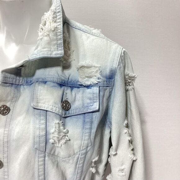 Emory Park Patch Work Rose Troublemaker Distressed Jean Denim Jacket Shacket - Picture 16 of 16